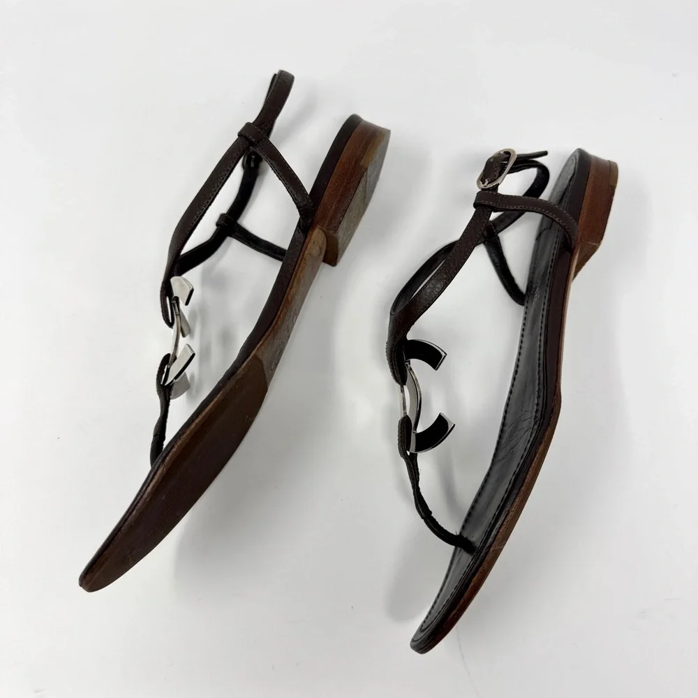 Chanel Dark Brown Leather Silver CC Logo T-Strap Thong Sandals